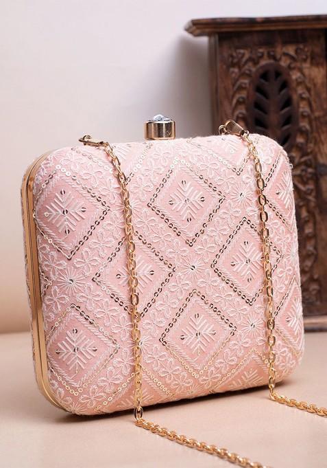 Peach Satin Embroidered Box Clutch