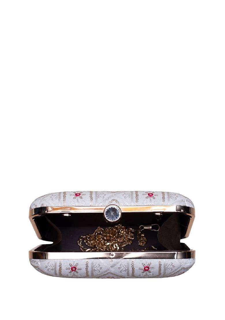 White Satin Embroidered Box Clutch - Indya
