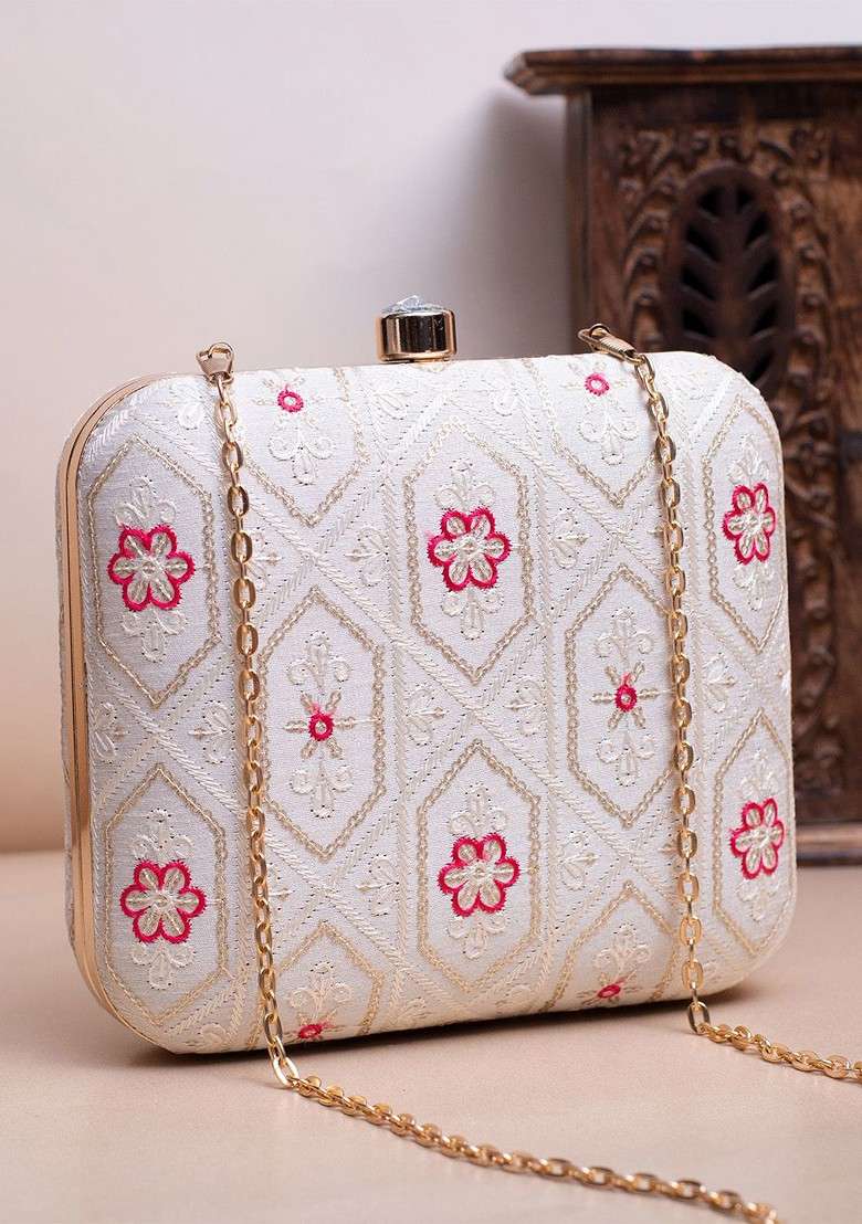 White Satin Embroidered Box Clutch - Indya