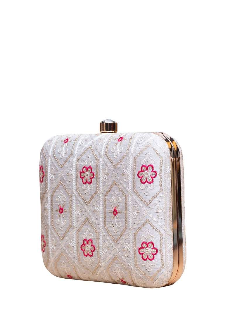 White Satin Embroidered Box Clutch - Indya