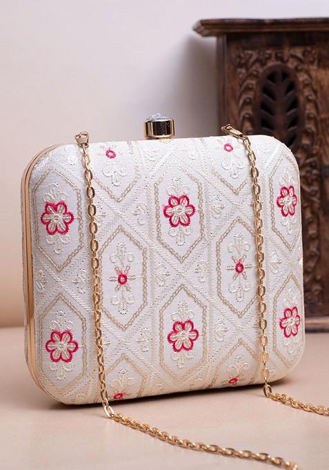 White Satin Embroidered Box Clutch