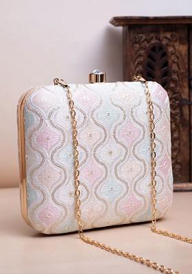 White Satin Embroidered Box Clutch
