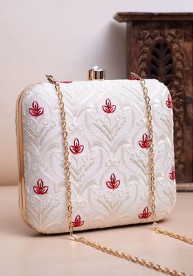 White Satin Embroidered Box Clutch