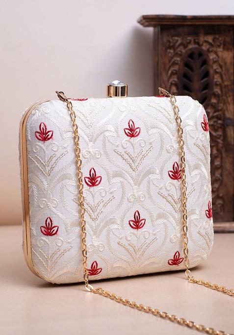 White Satin Embroidered Box Clutch