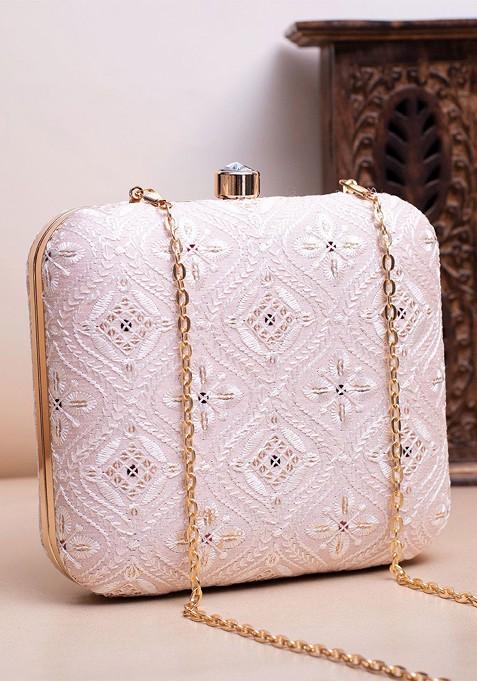 Pink Satin Embroidered Embellished Box Clutch