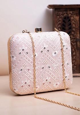 Pink Satin Embroidered Box Clutch