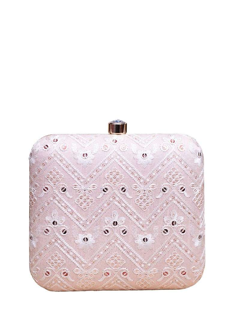 Pink Satin Embroidered Box Clutch - Indya