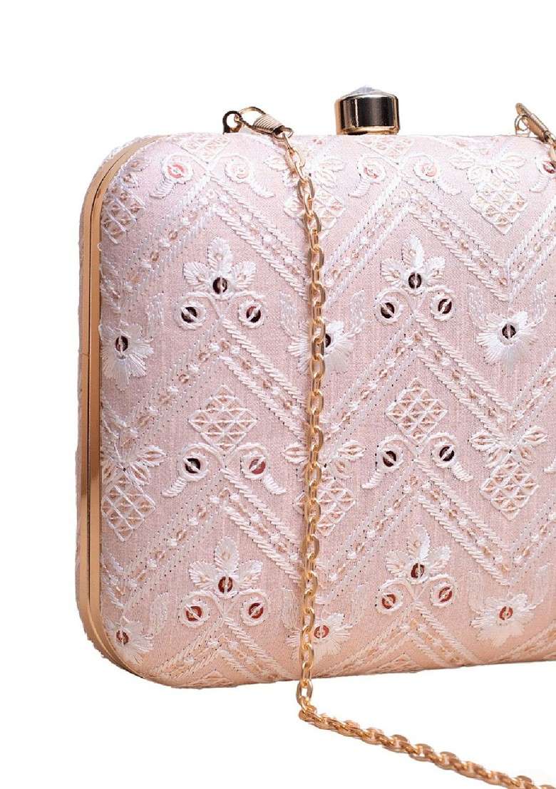 Pink Satin Embroidered Box Clutch - Indya