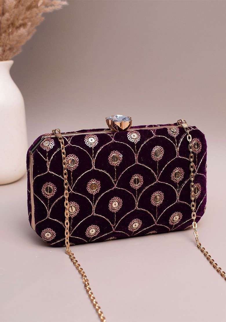 Purple Satin Embroidered Sequins Box Clutch - Indya