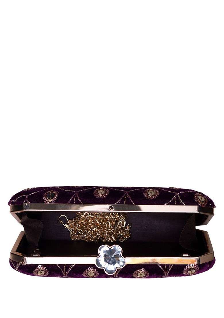 Purple Satin Embroidered Sequins Box Clutch - Indya