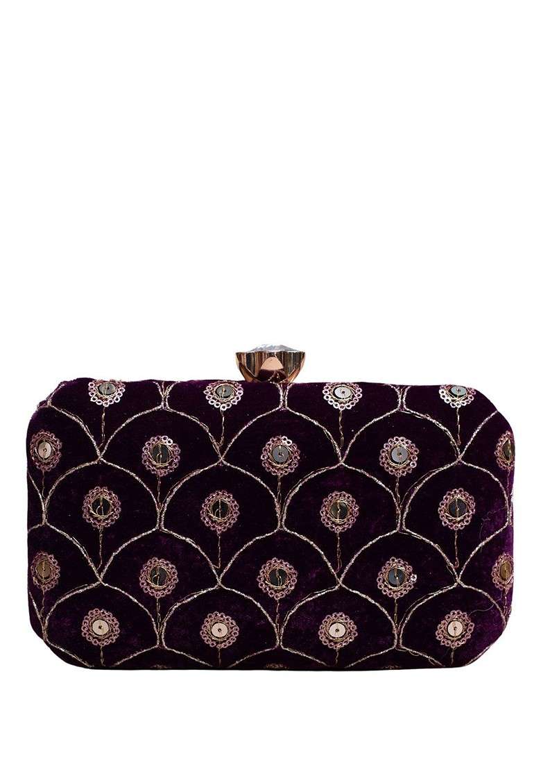 Purple Satin Embroidered Sequins Box Clutch - Indya