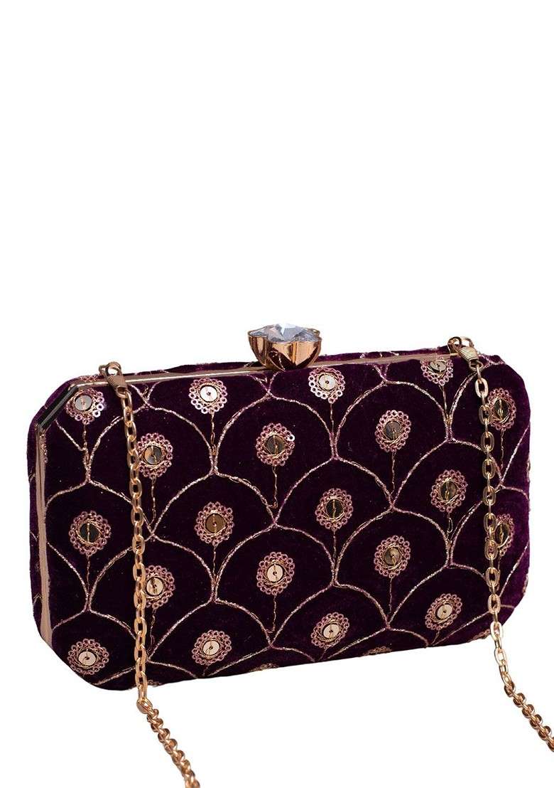 Purple Satin Embroidered Sequins Box Clutch - Indya