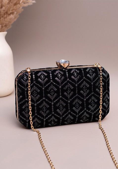 Black Satin Embroidered Sequins Box Clutch