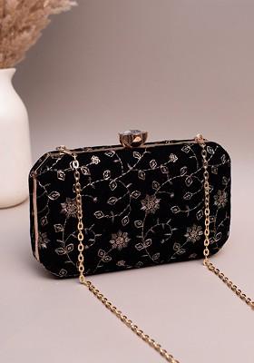 Black Satin Embroidered Sequins Box Clutch
