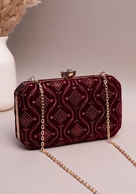 Maroon Satin Embroidered Sequins Box Clutch