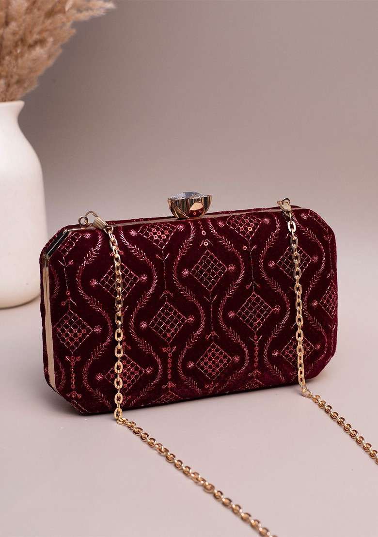 Maroon Satin Embroidered Sequins Box Clutch - Indya
