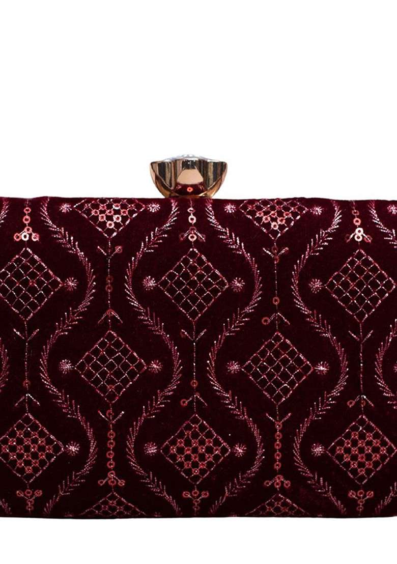 Maroon Satin Embroidered Sequins Box Clutch - Indya