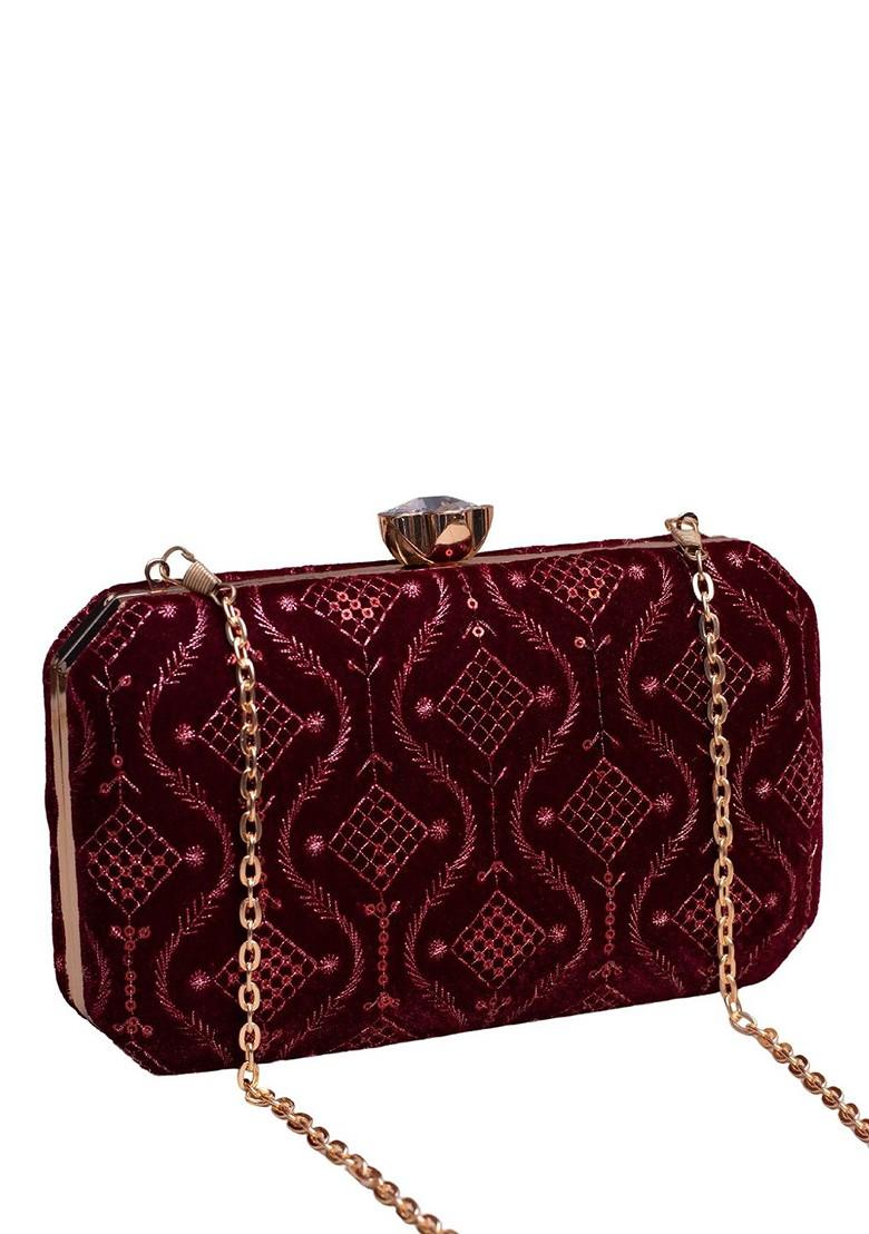 Maroon Satin Embroidered Sequins Box Clutch - Indya
