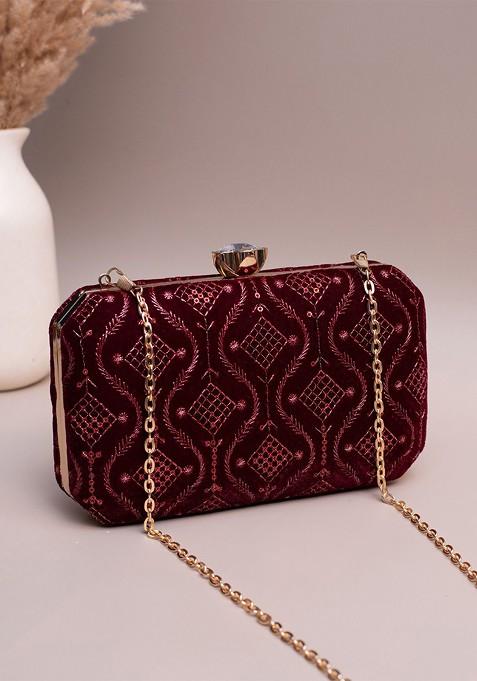 Maroon Satin Embroidered Sequins Box Clutch