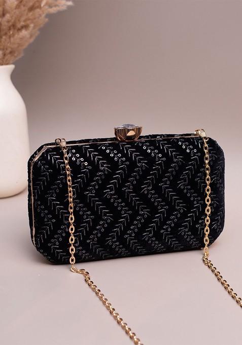 Black Satin Embroidered Sequins Box Clutch
