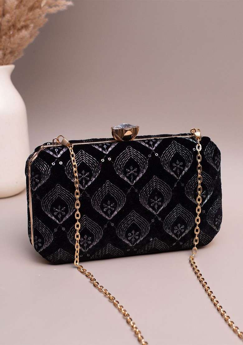 Black Satin Embroidered Sequins Box Clutch - Indya