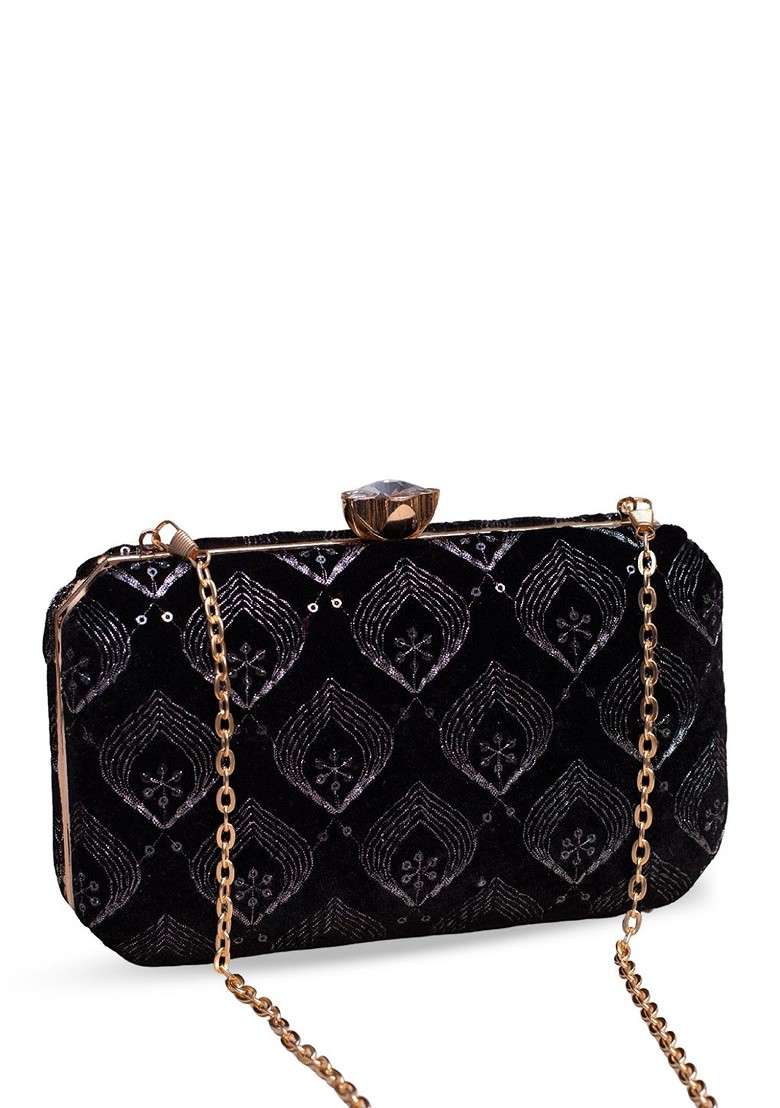 Black Satin Embroidered Sequins Box Clutch - Indya