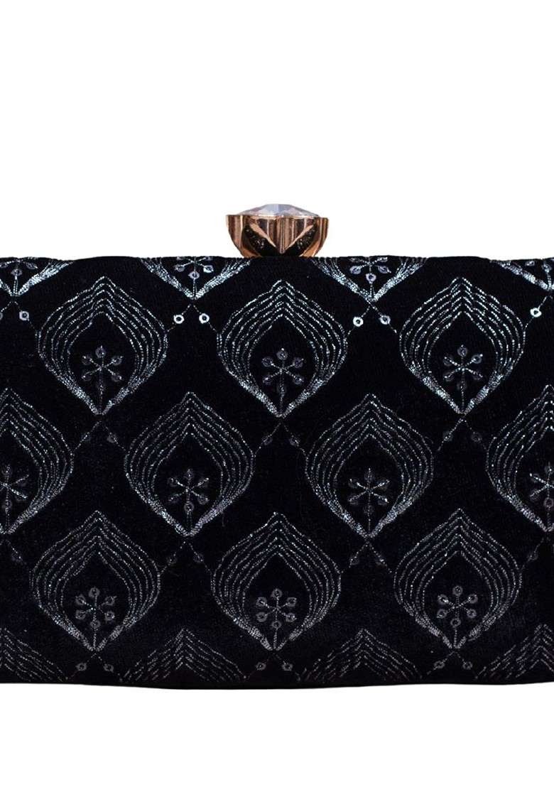 Black Satin Embroidered Sequins Box Clutch - Indya