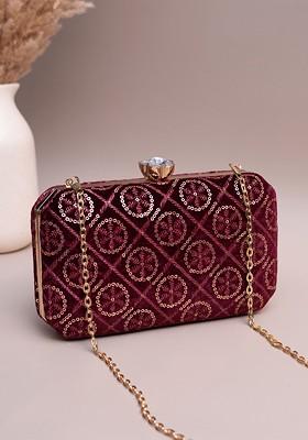 Maroon Satin Embroidered Sequins Box Clutch