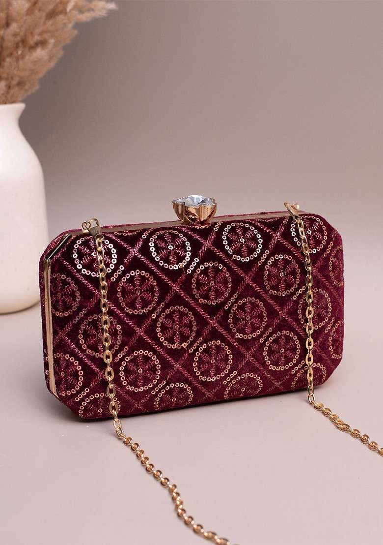 Maroon Satin Embroidered Sequins Box Clutch - Indya