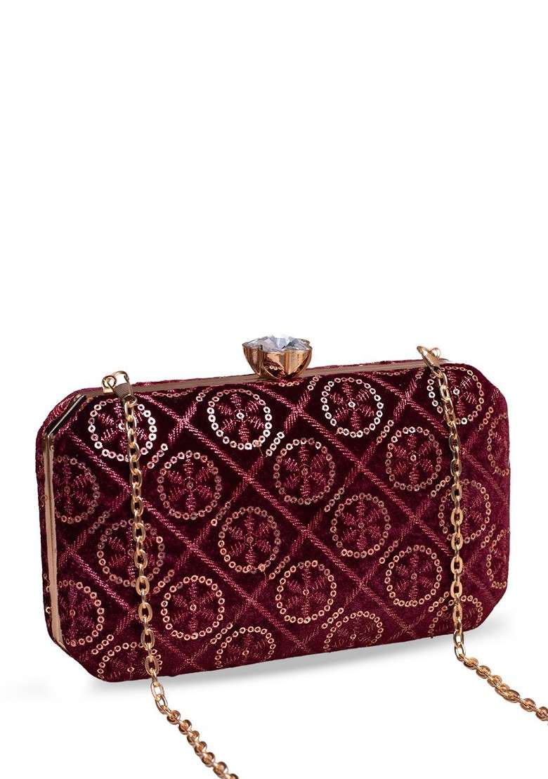 Maroon Satin Embroidered Sequins Box Clutch - Indya