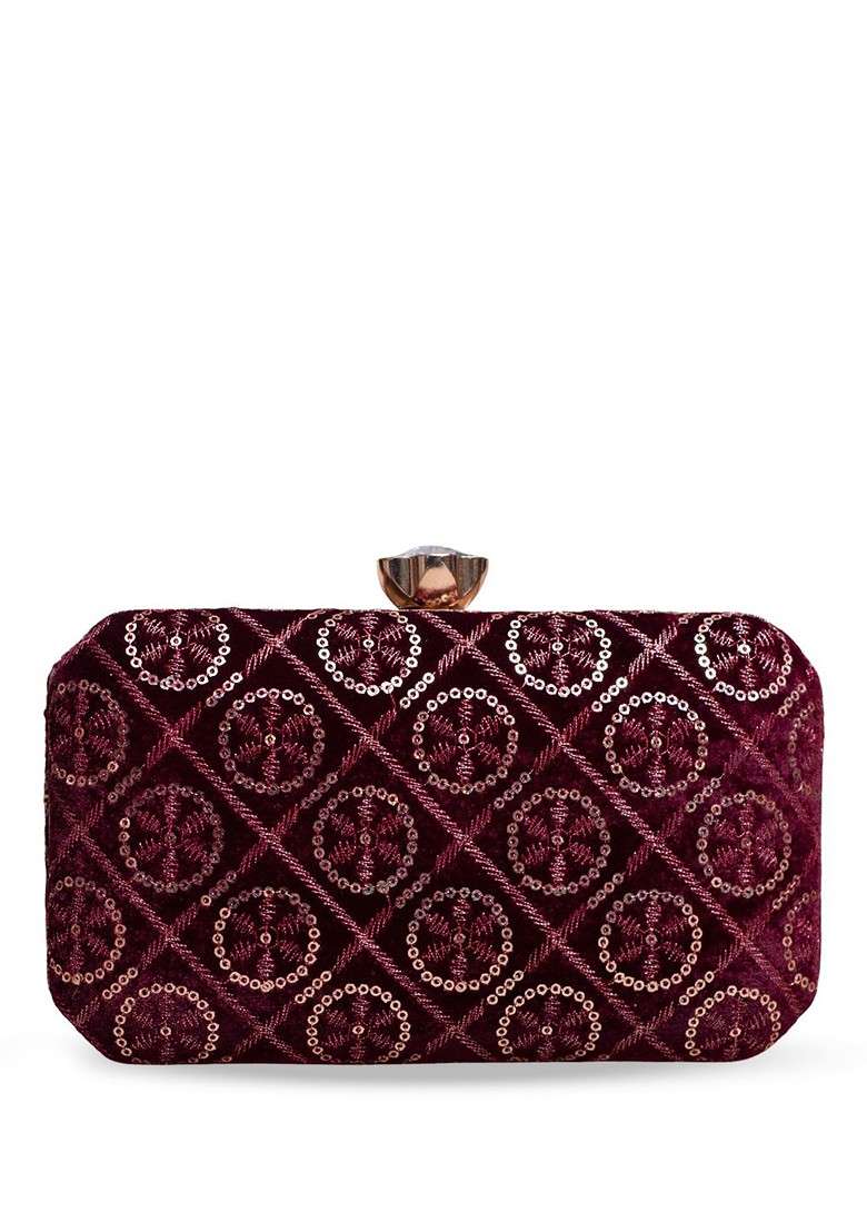 Maroon Satin Embroidered Sequins Box Clutch - Indya