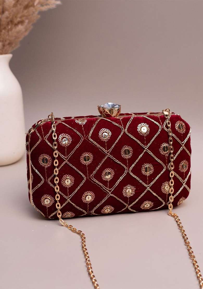 Red Satin Embroidered Sequins Box Clutch - Indya