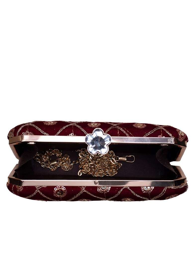 Red Satin Embroidered Sequins Box Clutch - Indya