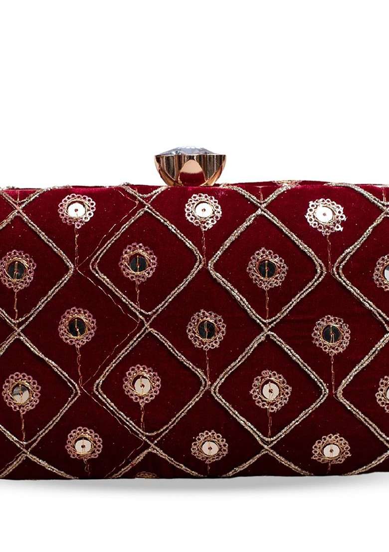 Red Satin Embroidered Sequins Box Clutch - Indya