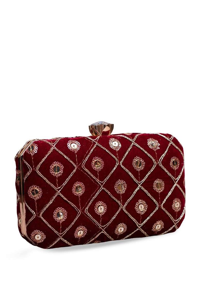 Red Satin Embroidered Sequins Box Clutch - Indya