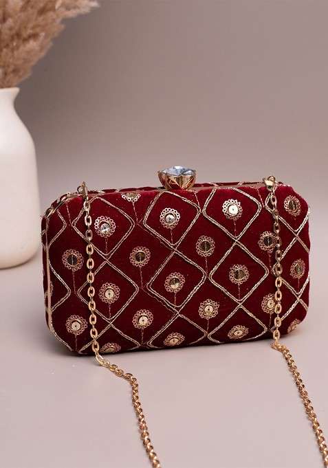 Red Satin Embroidered Sequins Box Clutch