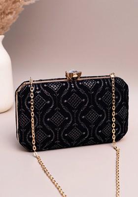 Black Satin Embroidered Sequins Box Clutch