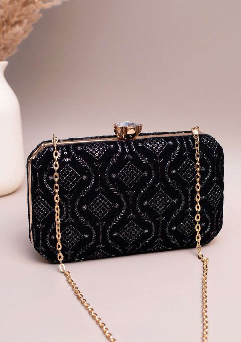 Black Satin Embroidered Sequins Box Clutch - Indya