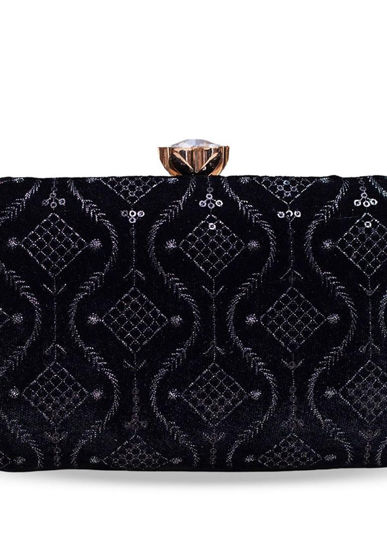 Black Satin Embroidered Sequins Box Clutch - Indya