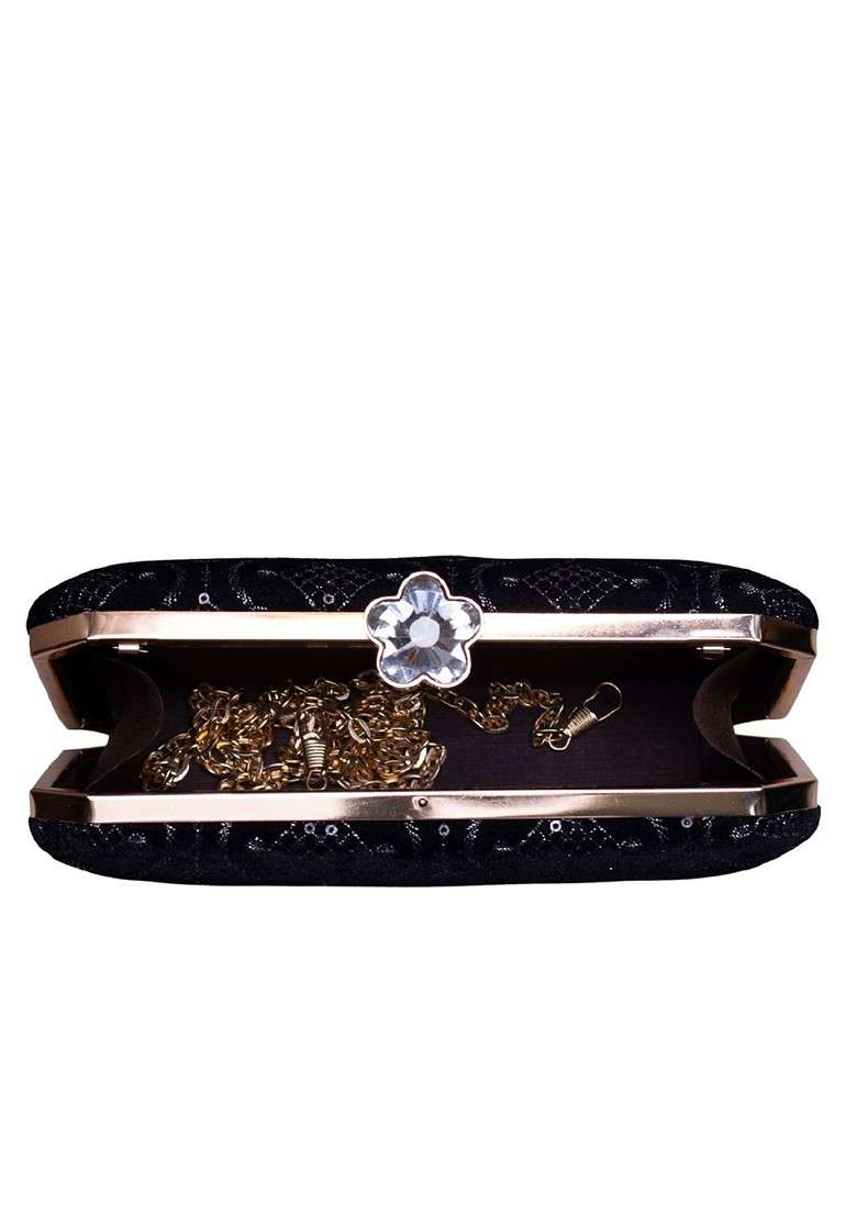 Black Satin Embroidered Sequins Box Clutch - Indya