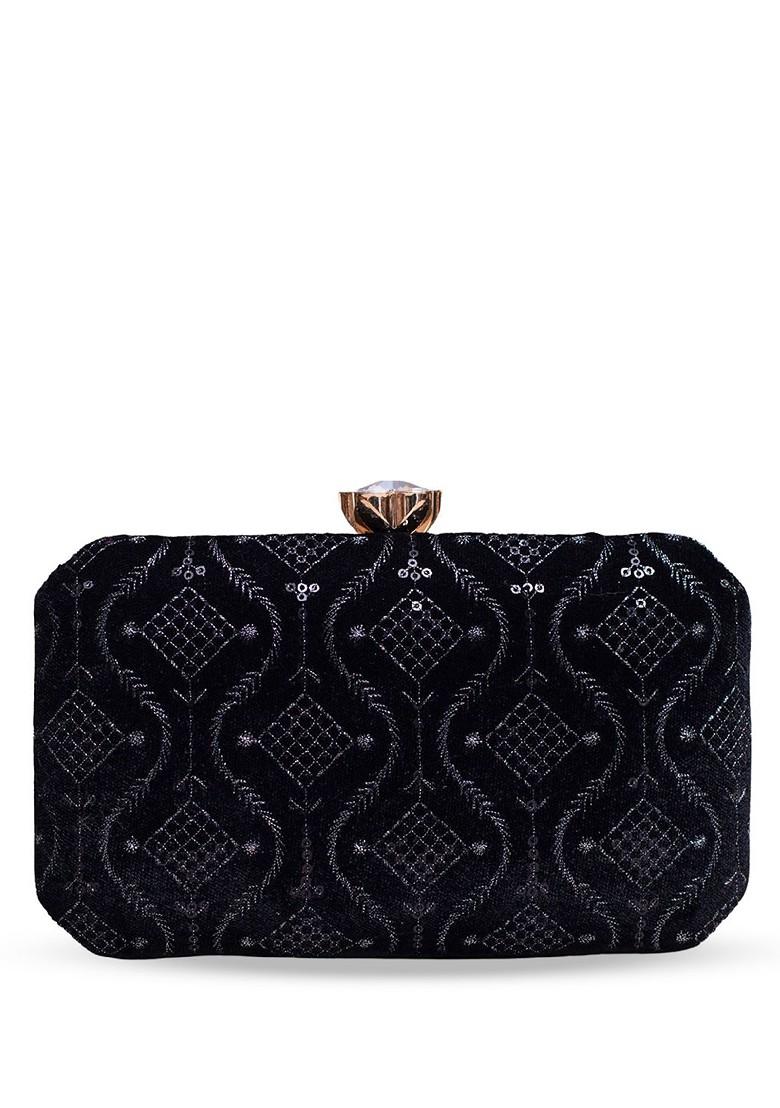 Black Satin Embroidered Sequins Box Clutch - Indya