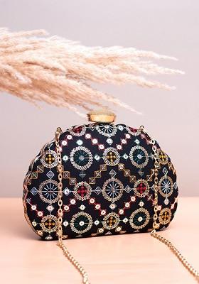 Black Satin Geometric Sequins Embroidered Box Clutch