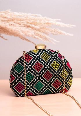 Black Satin Geometric Embroidered Box Clutch
