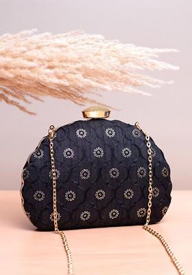 Black Satin Floral Sequins Embroidered Box Clutch