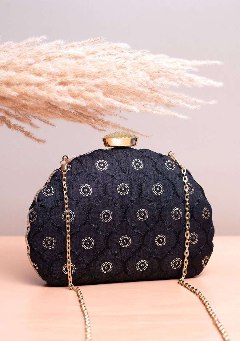 Black Satin Floral Sequins Embroidered Box Clutch - Indya