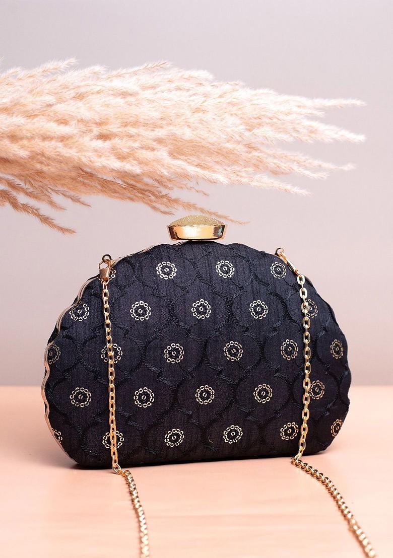 Black Satin Floral Sequins Embroidered Box Clutch - Indya