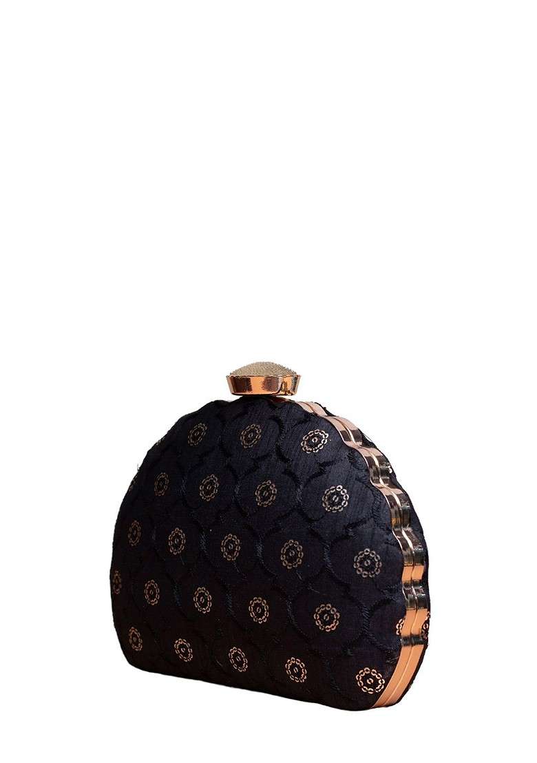 Black Satin Floral Sequins Embroidered Box Clutch - Indya