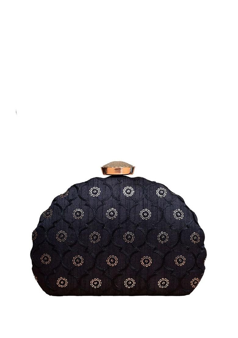 Black Satin Floral Sequins Embroidered Box Clutch - Indya