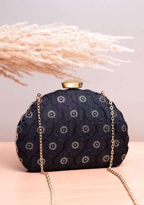 Black Satin Floral Sequins Embroidered Box Clutch