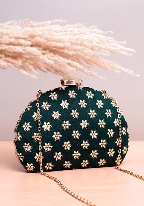 Green Satin Floral Embroidered Box Clutch